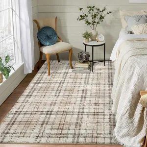 Plaid Beige 8x10 Bedroom Rug, Large Area Rugs for Living Room Modern Office Rug Distressed Rug Low Pile Farmhouse Floor Cover Non Slip Checkered Rug