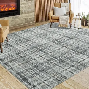 Plaid Green 9x12 Living Room Rug, Large Washable Rugs for Bedroom Modern Plaid Office Floor Carpet Distressed Rug Low Pile Farmhouse Area Rug Non Slip Checkered Floor Cover