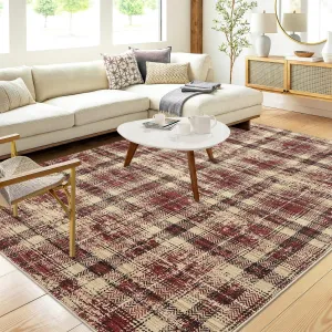 Plaid Red 5x7 Modern Area Rugs Washable Rugs for Living Room Area Rugs Farmhouse Rug Low Pile Bedroom Rug Ultra Soft Carpet Tartan Non Slip Throw Rugs for Office Classroom Dining Room