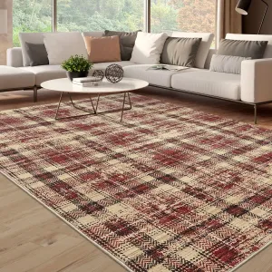 Plaid Red 9x12 Living Room Rug, Large Washable Rugs for Bedroom Modern Plaid Office Floor Carpet Distressed Rug Low Pile Farmhouse Area Rug Non Slip Checkered Floor Cover