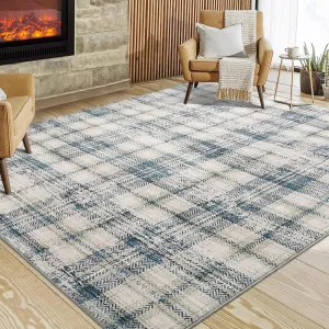 Plaid Blue 9x12 Living Room Rug, Large Washable Rugs for Bedroom Modern Plaid Office Floor Carpet Distressed Rug Low Pile Farmhouse Area Rug Non Slip Checkered Floor Cover