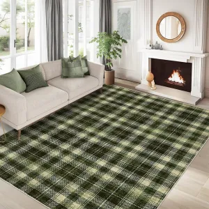 Plaid Olive Green 5x7 Machine Washable Area Rug Modern Print Decorative Plaid Rug with Rubber Backing Low Pile Irregular Plaid Rugs Foldable Carpet for Living Room Bedroom Study Room