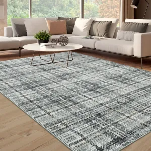 Plaid Green 6x9 Rug Washable Plaid Rug for Living Room Distressed Checkered Rug for Bedroom Modern Office Carpet Low Pile Neutral Soft Nursery Rug Non Slip Farmhouse Floor Cover