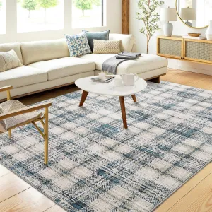 Plaid Blue 8x10 Washable Rug for Bedroom Throw Rugs with Rubber Backing Living Room Rugs Large Rug Soft No Shedding Tartan Area Rugs for Entryway Nursery Office Rug