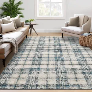 Plaid Blue 5x7 Modern Washable Area Rugs for Living Room Farmhouse Tartan Plaid Rug Luxurious Soft Bedroom Decor No Shedding Non Slip Carpet for Nursrey Office Rug