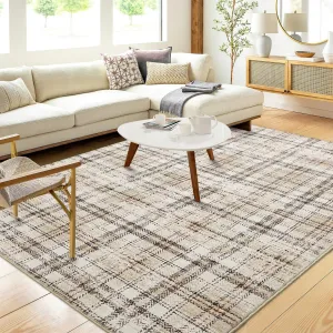 Plaid Beige 9x12 Modern Washable Rug Non-Slip Area Rug for Living Room, Bedroom, Office, Classroom, Stain-Resistant Large Tartan Carpet