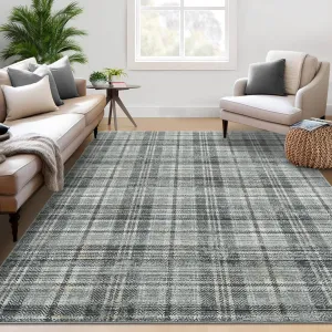Plaid Green 5x7 Washable Rugs Area Rugs Modern Plaid Rugs Living Room Rug Soft Rugs for Bedroom Aesthetic Farmhouse Carpet Non Slip Stain Resistant Throw Rugs for Office Dining Room