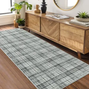 Plaid Green 2x8 Runner Rug Washable Rugs for Entryway Kitchen Distressed Checkered Rug for Living Room Bedroom Modern Office Carpet Low Pile Neutral Soft Nursery Rug Farmhouse Floor Cover