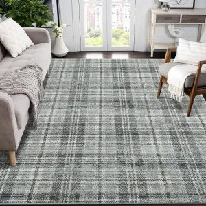 Plaid Green 8x10 Bedroom Rug Large Area Rugs for Living Room Modern Office Rug Distressed Rug Low Pile Farmhouse Floor Cover Non Slip Checkered Rug Green