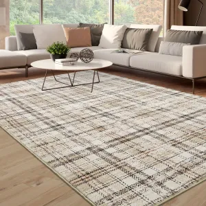Plaid Beige 6x9 Area Rugs Washable Rugs for Living Room Distressed Plaid Throw Rugs for Bedroom Neutral Checkered Office Carpet Low Pile Home Decor Farmhouse Floor Cover Rug