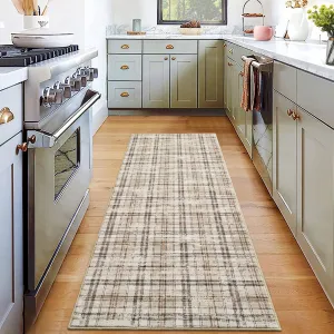 Plaid Beige 2x8 Washable Runner Rug Non Slip Modern Print Decorative Plaid Hallway Runner Rug with Rubber Backing Low Pile for Kitchen Laundry Entryway