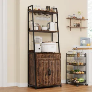 Baker Rack with Cabinet Tall Standing Microwave Rack with Drawer Vintage Spice Rack with Adjustable Feet 5 Tier