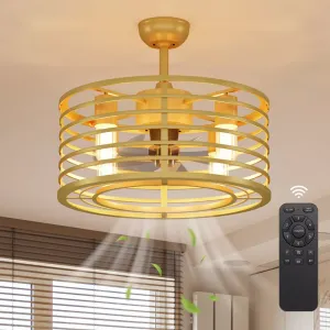 18in Caged Ceiling Fan With Light, Ceiling Fan Low Profile th Remote Control and Reversible Fan Blades, Industrial Farmhouse Fan Lights Ceiling Fixtures For Kitchen Bedroom, Gold