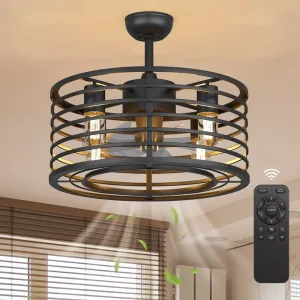 18in Black Caged Ceiling Fan With Light, Ceiling Fan Low Profile th Remote Control and Reversible Fan Blades, Industrial Farmhouse Fan Lights Ceiling Fixtures For Kitchen Bedroom, Black