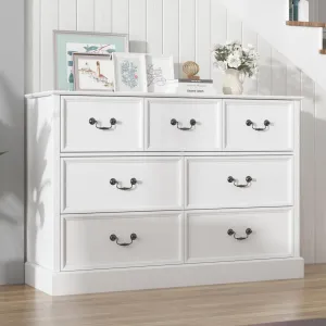 White 7 Drawers Dresser for Bedroom, Wood Modern Dresser Chest of Drawers Organizer Storage, Rustic Tall Farmhouse Dresser Chest of Drawer for Living Room, Closet, Hallway Children's Room