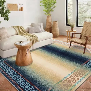 Modern Washable 8x10 Boho Ombre Rug - Soft, Non-Slip Pearl Velvet, Machine Washable, No Shedding, Blue/Beige - Living Room, Bedroom, Office