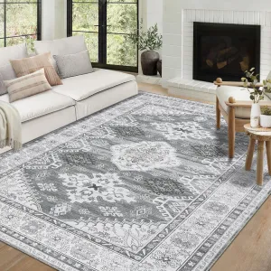 5x7 Vintage Boho Tribal Washable Rugs for Living Room Non Slip, Chenille Thin Carpet Stain Resistant Throw Rugs for Dining Room - Grey