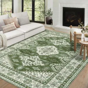 Washable Rugs 8x10 Rug for Living Room Non Slip Large Area Rug for Bedroom Vintage Boho Rug Distressed Green Rug Chenille Carpet Stain Resistant Throw Rugs for Dining Room Green 8'x10'