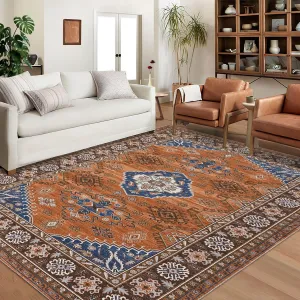 Washable Boho Rug 5x7 Ultra-Thin Distressed Vintage Rug Low-Pile Floor Carpet Stain Resistant Rugs for Living Room Bedroom Dining Room Office