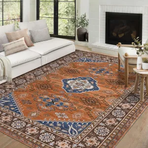Washable Rug 8x10 Area Rugs for Living Room Non Slip Large Area Rug for Bedroom Distressed Vintage Boho Rug Chenille Carpet Stain Resistant Throw Rugs for Dining Room Retro Orange 8'x10'