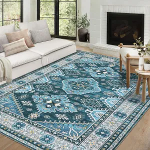 Washable Area Rugs 9x12 Living Room Non Slip Large Area Rugs for Bedroom Vintage Boho Rug Distressed Blue Rug Chenille Carpet Stain Resistant Throw Rugs for Dining Room Blue 9'x12'