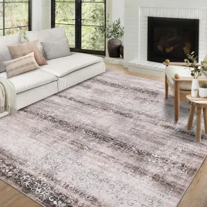 Washable Area Rugs 9 x 12 Rug for Bedroom Non Slip Large Area Rugs for Living Room Vintage Floral Rug Distressed Chenille Carpet Stain Resistant Throw Rugs for Dining Room Brown 9'x12'