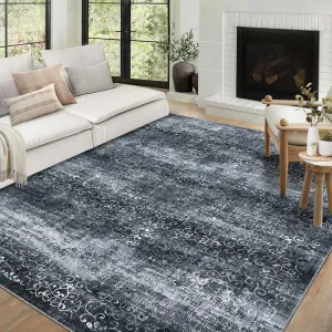 Washable Area Rug 6x9 Rug for Living Room Non Slip Bedroom Rug Vintage Damask Floral Rug Distressed Black Rug Chenille Thin Carpet Stain Resistant Throw Rugs for Dining Room Black 6'x9'