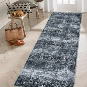 Washable Runner Rug 2x6 Bathroom Rugs Vintage Distressed Kitchen Rugs Non Slip Black Rug Damask Floral Bedroom Rug Chenille Stain Resistant Throw Rugs for Laundry Hallway Entry Black 2'x6'