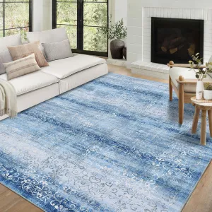 Washable Area Rugs 9x12 Living Room Non Slip Large Area Rugs for Bedroom Vintage Floral Rug Distressed Blue Rug Chenille Carpet Stain Resistant Throw Rugs for Dining Room