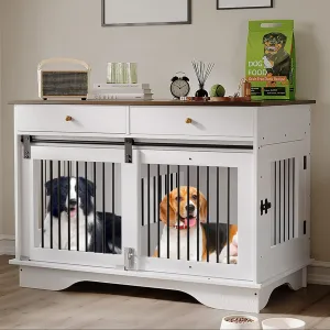 47 in Dog Furniture Crate, Large Furniture Style Dog Crate w/ 2 Storage Draws & Removable Divider & Triple Door Design for Large/Medium/Small Dogs, White+Brown Table Top