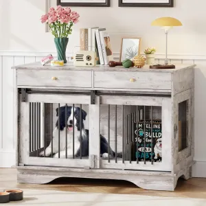Dog Crate Furniture for 2 Dogs, 47" Double Dog Kennel with Removable Divider and 2 Drawers, Decorative TV Stand Side Table, Indoor Pet Cage for Large/Medium/Small Dogs, Gray