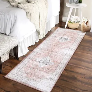 Runner Rug 2x6 Washable Hallway Rug Vintage Print Rug with Non Slip Backing Stain Resistant Kitchen Rug Soft Low Pile Area Rug for Bedroom Bathroom Living Room, Light Orange