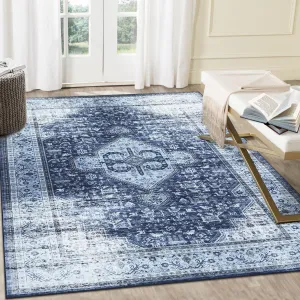Large Area Rug 9x12 Vintage Distressed Rug Non Slip Washable Rug Ultra-Thin Soft Rug Stain Resistant Area Rug Low Pile Throw Carpet for Farmhouse Office, Navy