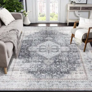 Large Area Rug 9x12 Vintage Distressed Rug Non Slip Washable Rug Ultra-Thin Soft Rug Stain Resistant Area Rug Low Pile Throw Carpet for Farmhouse Office, Grey