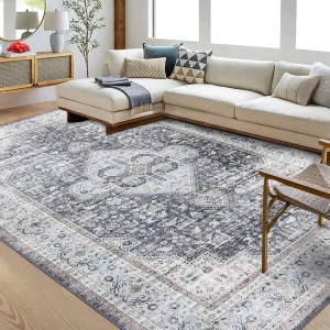 Boho Washable Area Rugs 5x7 Rug for Living Room Vintage Oriental Area Rug Non Slip Throw Rugs with Rubber Backing Soft Rugs for Bedroom Stain Resistant Carpet for Dining Room 5'x7' Grey