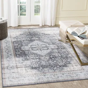 Washable Rug 8x10 Ultra-Thin Area Rug Vintage Rug with Non Slip Backing Stain Resistant Rugs for Living Room Bedroom Low Pile Distressed Rug, Grey