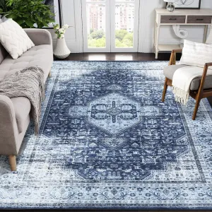 Vintage Area Rug 5x7 Non Slip Washable Rug Stain Resistant Washable Area Rugs Low Pile Area Rug Soft Rug High Traffic Rugs for Dinning Room Living Room Bedroom Farmhouse, Navy