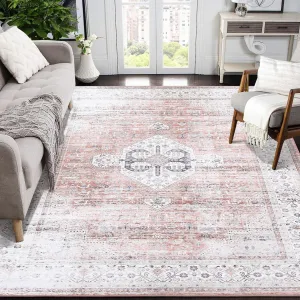 Washable Rug 8x10 Ultra-Thin Area Rug Vintage Rug with Non Slip Backing Stain Resistant Rugs for Living Room Bedroom Low Pile Distressed Rug, Light Orange