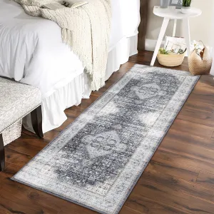 Runner Rug 2x6 Washable Hallway Rug Vintage Print Rug with Non Slip Backing Stain Resistant Kitchen Rug Soft Low Pile Area Rug for Bedroom Bathroom Living Room, Grey