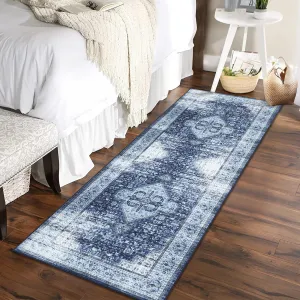 Runner Rug 2x6 Washable Hallway Rug Vintage Print Rug with Non Slip Backing Stain Resistant Kitchen Rug Soft Low Pile Area Rug for Bedroom Bathroom Living Room, Navy