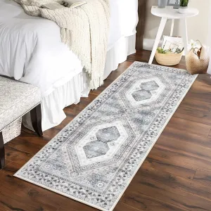 Washable Runner Rug 2x6 Stain Resistant Entryway Rug Non-Slip Backing Rugs for Bedroom Kitchen Low Pile Accent Rug Indoor Floor Decor, Beige/Grey