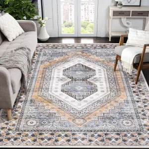 Vintage Boho Rug 9x12 Super Soft Washable Rugs for Living Room Non Slip Non Shedding Indoor Carpet Low Pile Accent Rug Large Rug for Home Decor Office, Light Orange