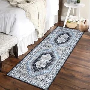Washable Runner Rug 2x6 Stain Resistant Entryway Rug Non-Slip Backing Rugs for Bedroom Kitchen Low Pile Accent Rug Indoor Floor Decor, Blue/Grey