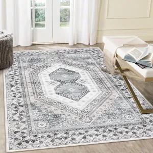 Vintage Boho Rug 9x12 Super Soft Washable Rugs for Living Room Non Slip Non Shedding Indoor Carpet Low Pile Accent Rug Large Rug for Home Decor Office, Beige/Grey
