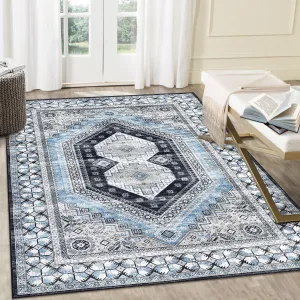 Large Area Rug 8x10 Machine Washable Rug Bohemian Rug Ultra-Thin Carpet with Non Slip Backing Stain Resistant Vintage Rugs for Bedroom, Blue/Grey