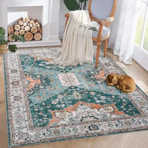 Washable Area Rug 10x13 Large Washable Rug Vintage Floral Area Rug Non-Slip Rug Non-Shedding Stain Resistant, Washable Floral Large Carpet for Dining Room Nursery Home Office Indoor Decor