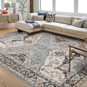 9x12 Washable Rug Boho Rugs for Living Room Indoor Soft Large Area Rug Low Pile Non-Shedding Accent Rug Non Slip Vintage Rug Traditional Foldable Carpet for Bedroom Home Office, Beige Blue