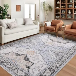 Vintage Floral Soft Rug Low Pile Washable Area Rug for Living Room - Light Blue