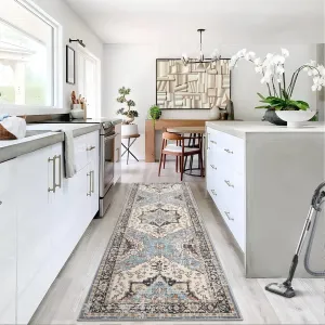 Vintage Floral Washable Area Rug 2x6 - Soft Non-Slip Backing, Low Pile, High Density Polyester, Ideal for High Traffic Areas, Dark Blue