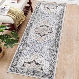Vintage Floral Washable Rug 2x6 - Soft Oriental Runner with Non-Slip Backing, Low Pile, Easy Maintenance, Ideal for High Traffic Areas